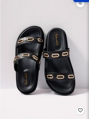 Splendid Black Slide Sandals with Gold Oval Hardware